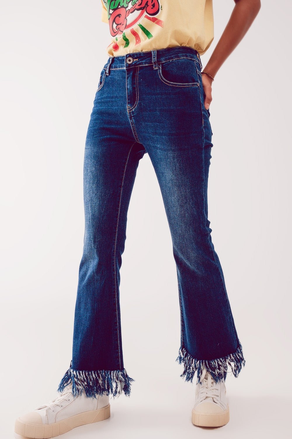 Flare Straight Leg Jeans With Raw Hem Edge in Deep Blue - Mack & Harvie