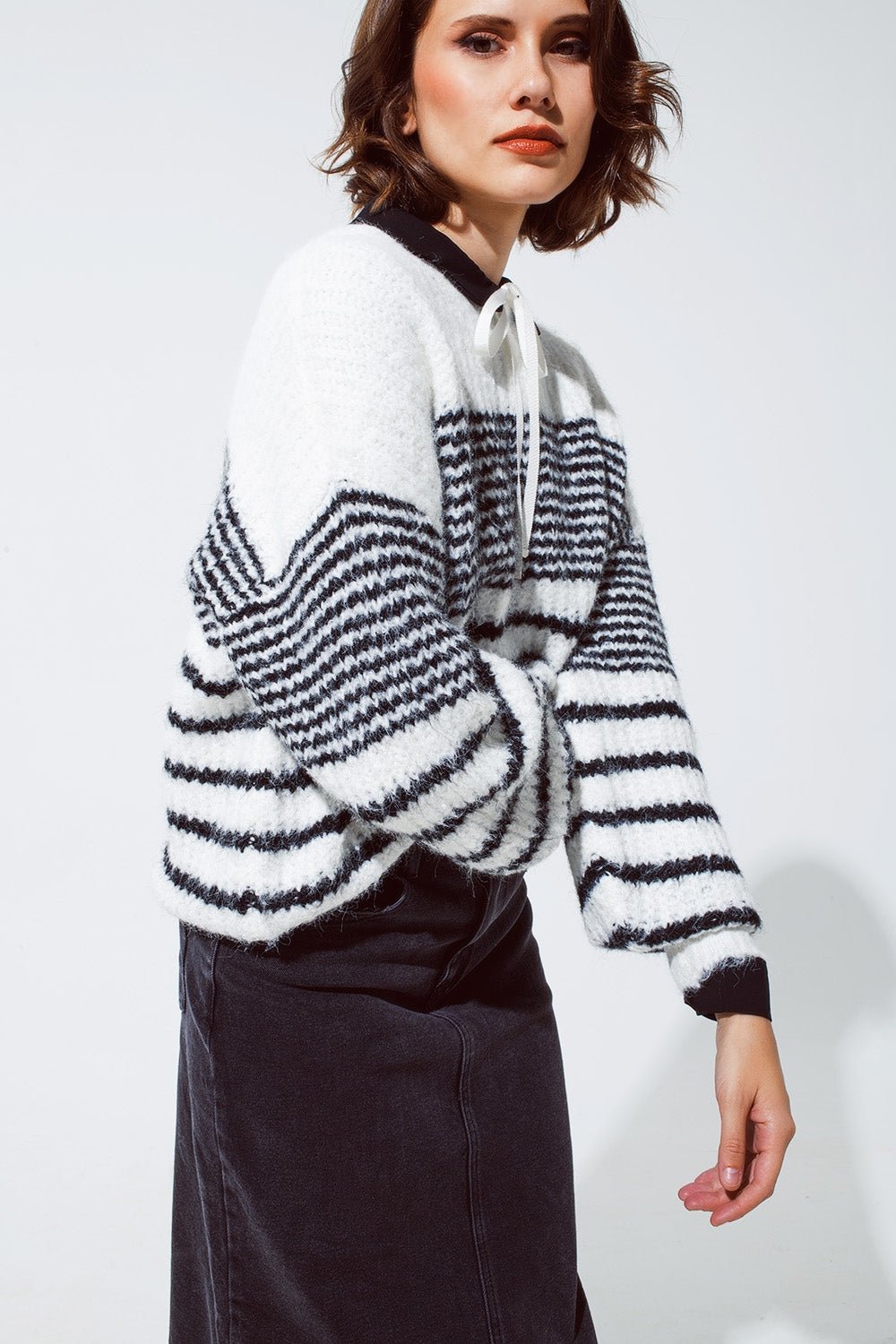 Fluffy Crew Neck Sweater With Thin Black Stripes in White - Mack & Harvie