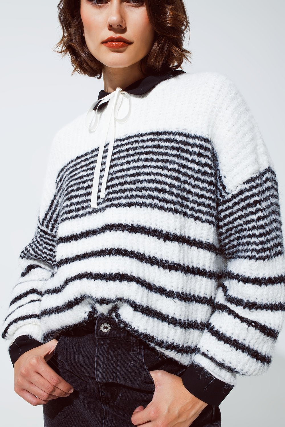 Fluffy Crew Neck Sweater With Thin Black Stripes in White - Mack & Harvie