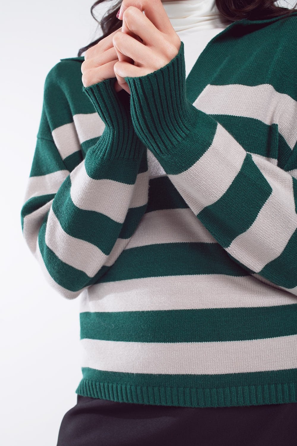 Green and White Striped Sweater With v Neck and Polo Collar - Mack & Harvie