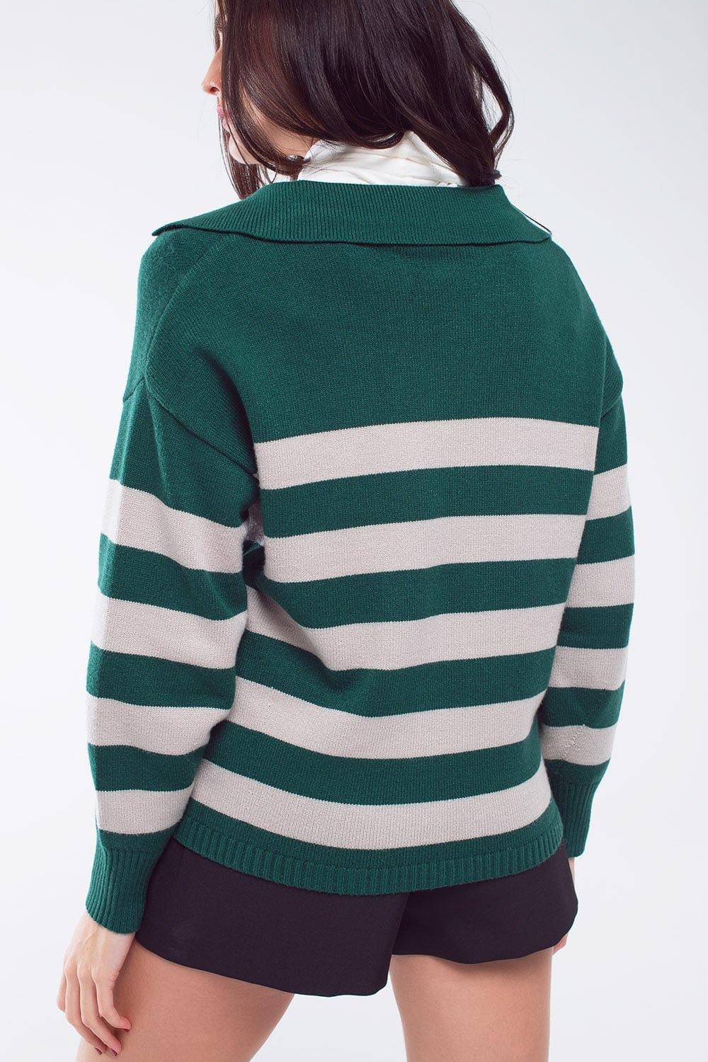 Green and White Striped Sweater With v Neck and Polo Collar - Mack & Harvie