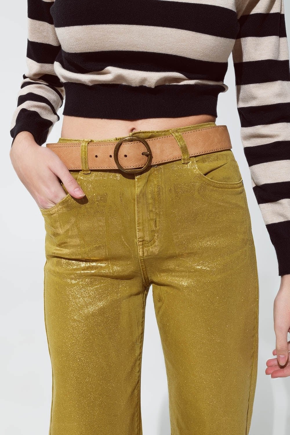Green Straight Leg Jeans With Gold Metallic Glow - Mack & Harvie