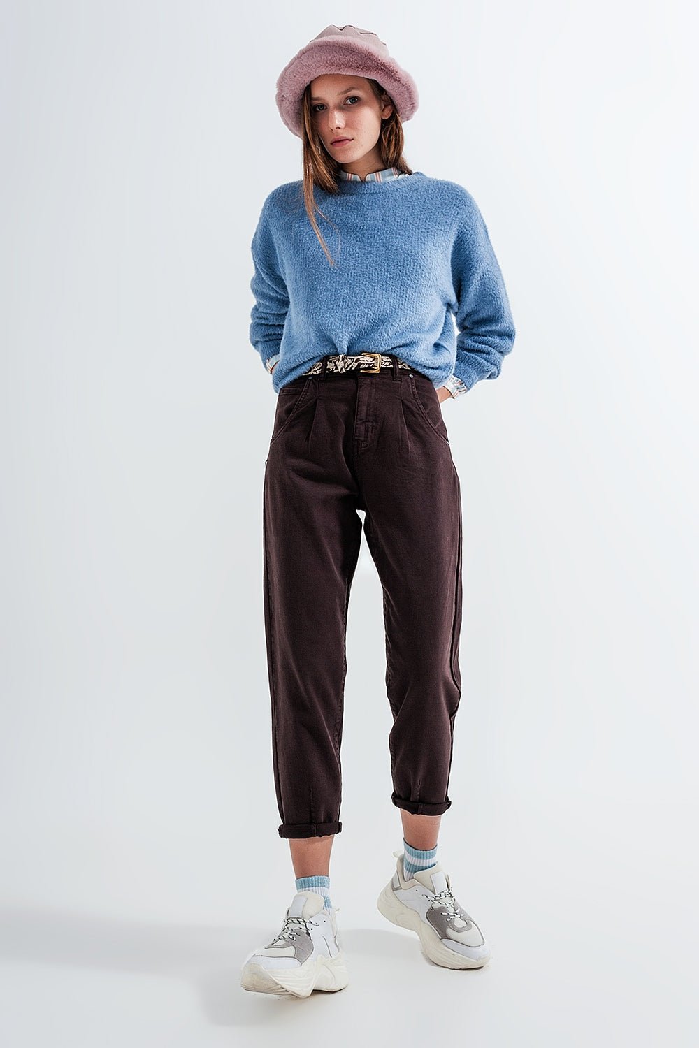 High Rise Jeans With Pleat Front in Brown - Mack & Harvie