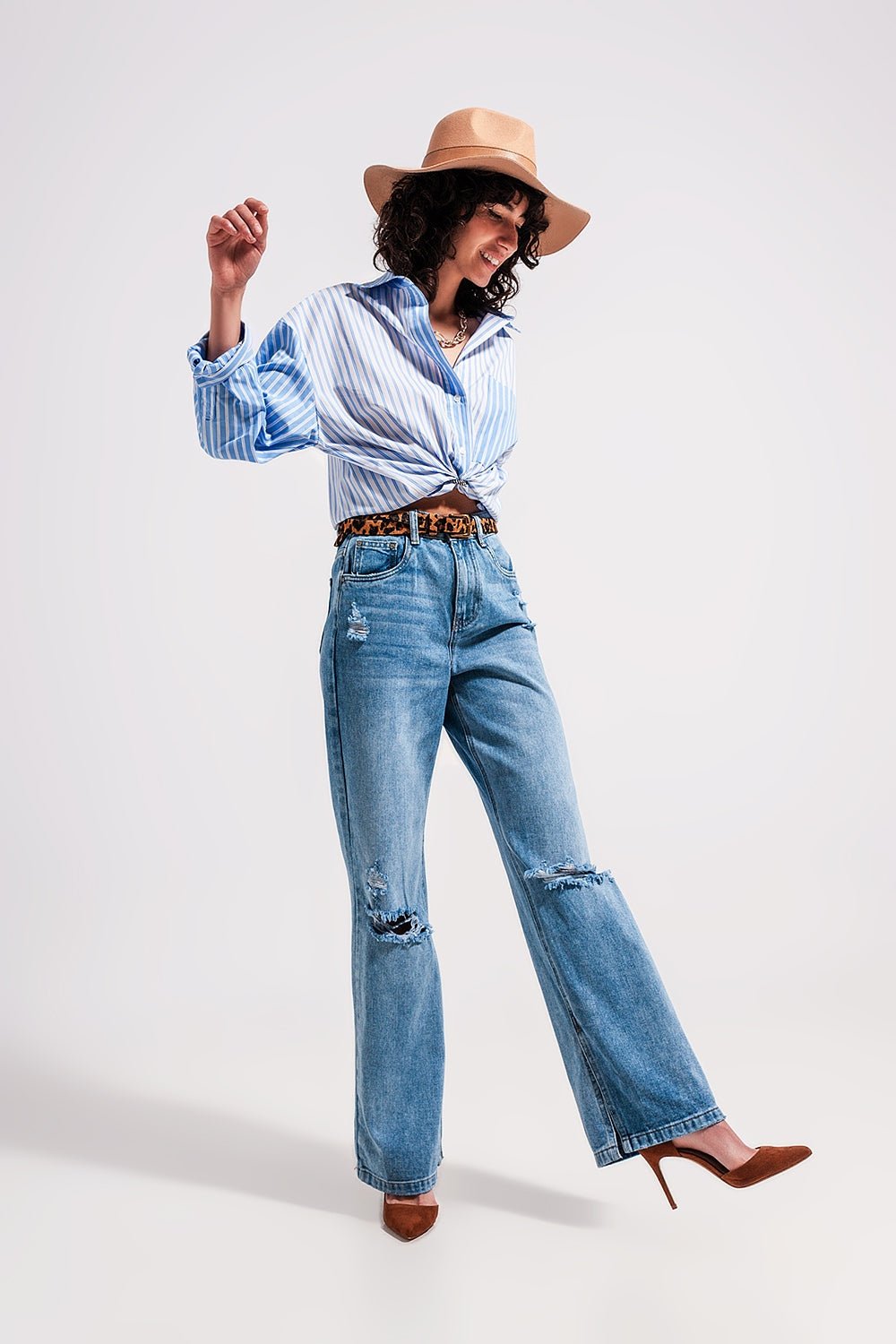High Waist Jeans With Split Hem in Vintage Wash - Mack & Harvie