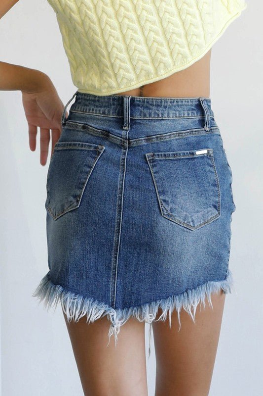 High Waist Long Frayed Hem Mini Denim Skirt - Mack & Harvie
