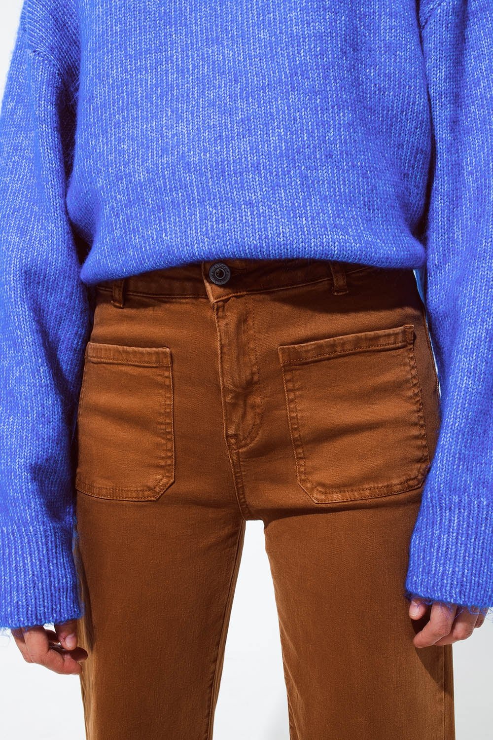 High Waisted Front Pockets Flare Jeans in Camel - Mack & Harvie