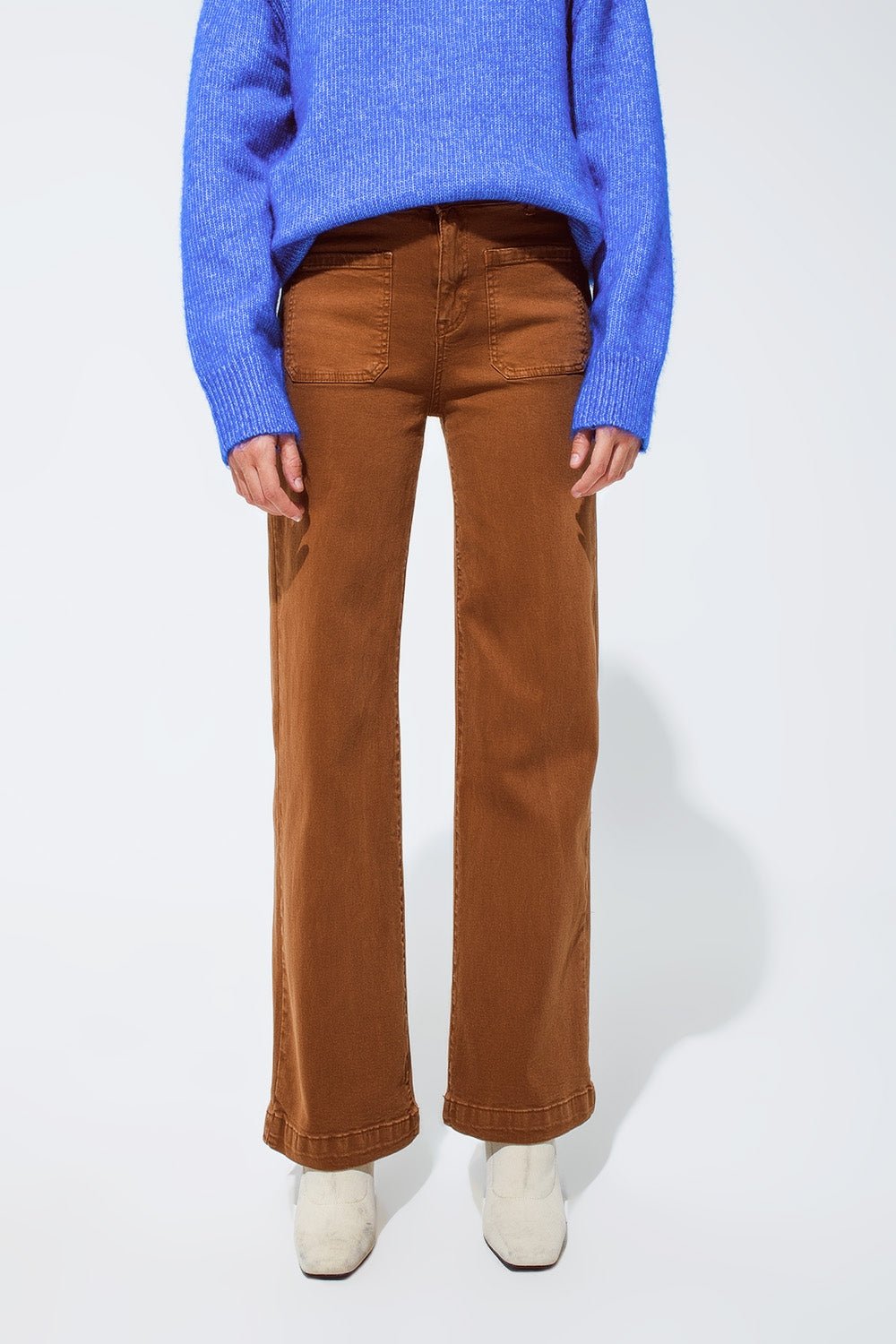 High Waisted Front Pockets Flare Jeans in Camel - Mack & Harvie