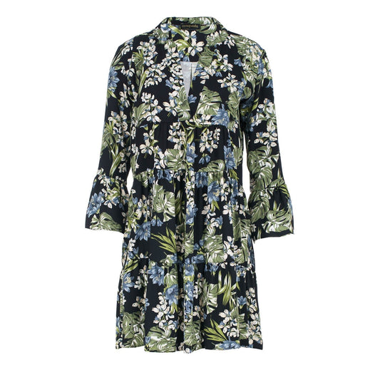 Khaki, Ecru and Blue Floral Dress With Bell Sleeves - Mack & Harvie