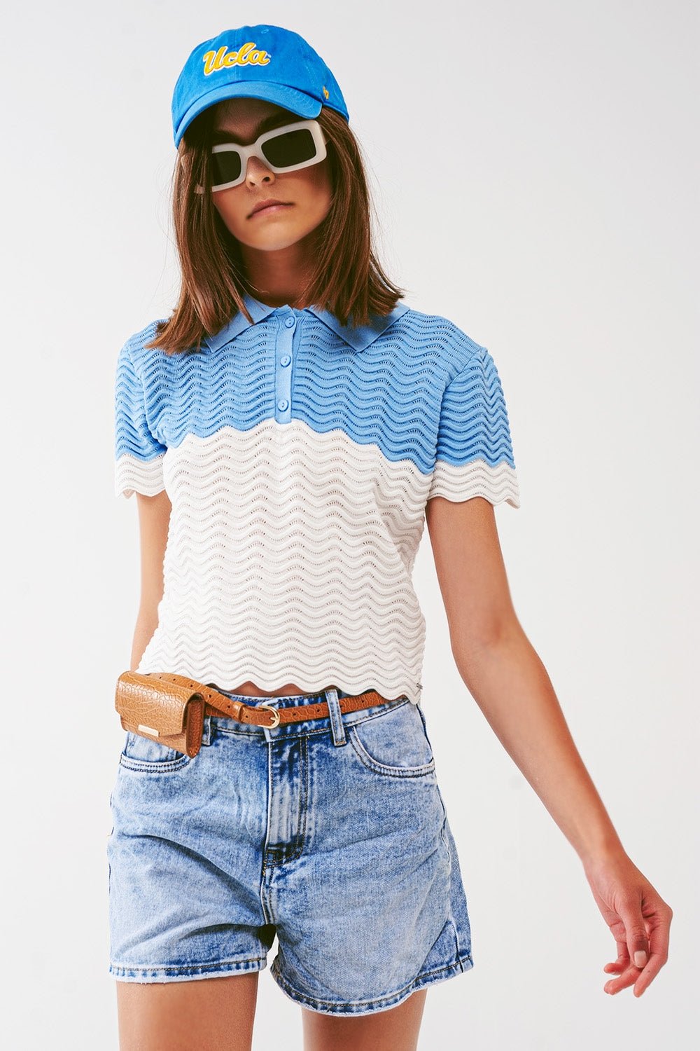 Knitted Colour Block Cropped Polo in Blue - Mack & Harvie