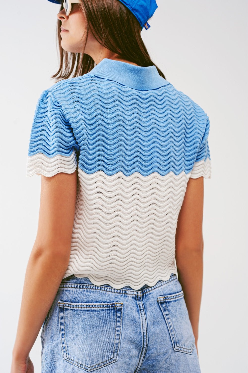 Knitted Colour Block Cropped Polo in Blue - Mack & Harvie