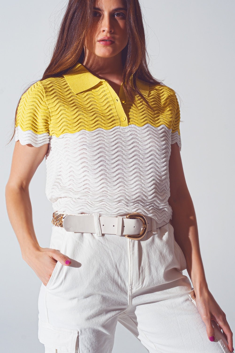 Knitted Colour Block Cropped Polo in White and Yellow - Mack & Harvie