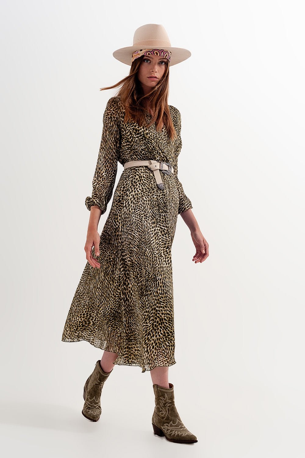 Long Sleeve Wrap Front Chiffon Dress With Belt in Shiny Print - Mack & Harvie