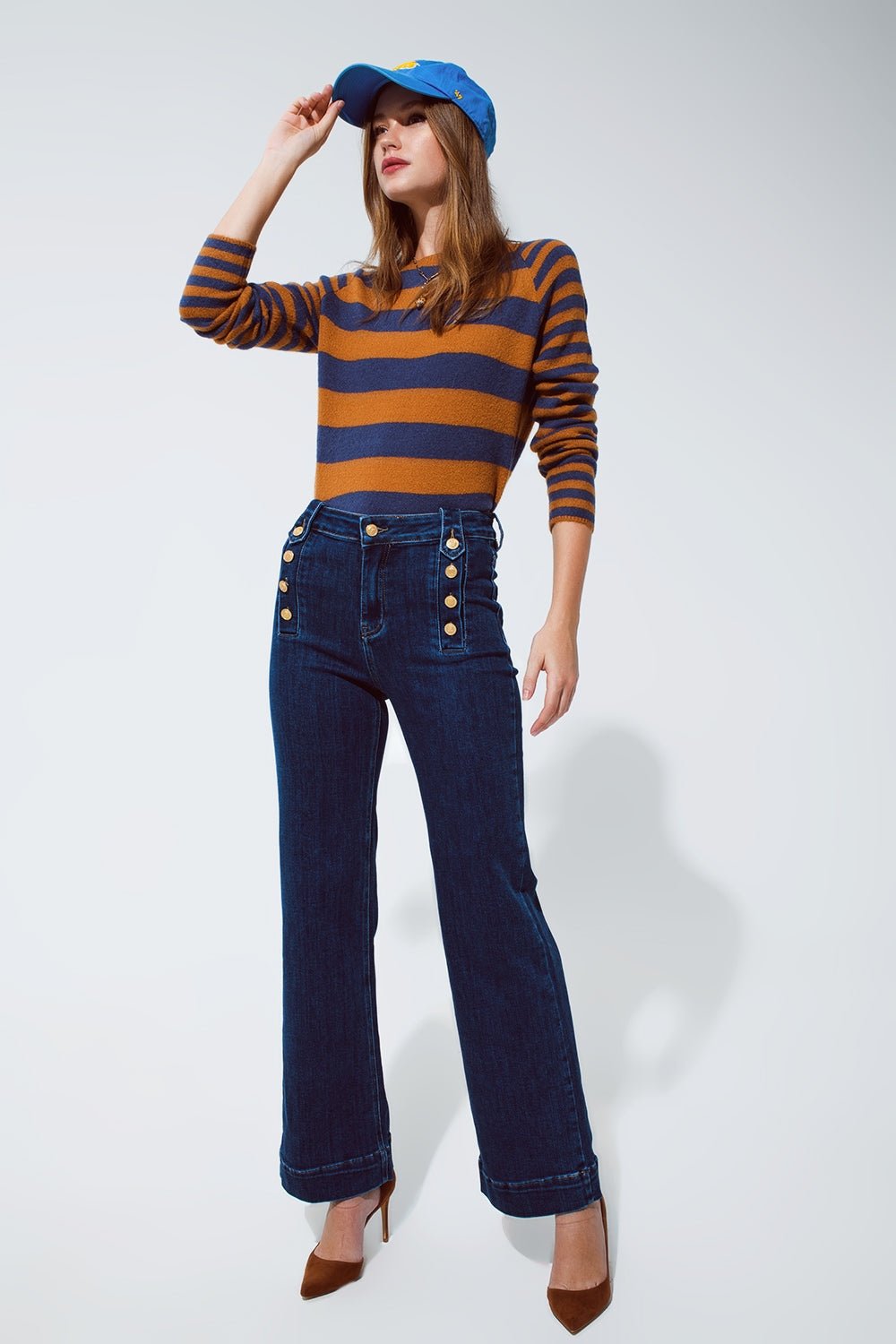 Marine Flare Jeans With Button Detailing in Mid Wash - Mack & Harvie