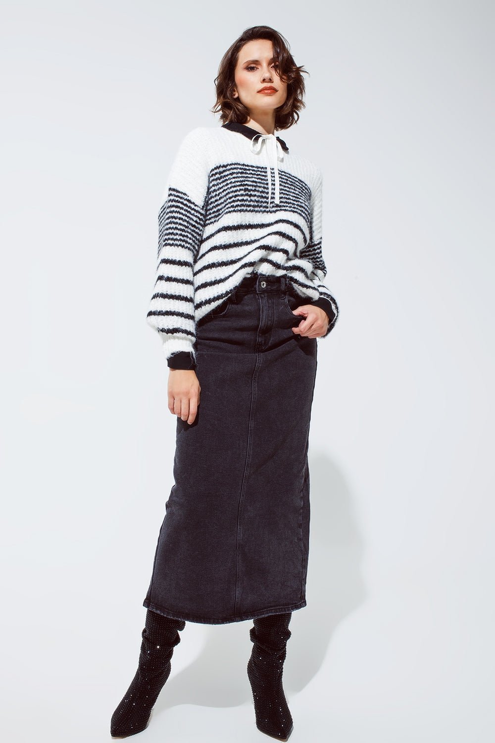 Maxi Black Denim Skirt With a Split on the Back - Mack & Harvie