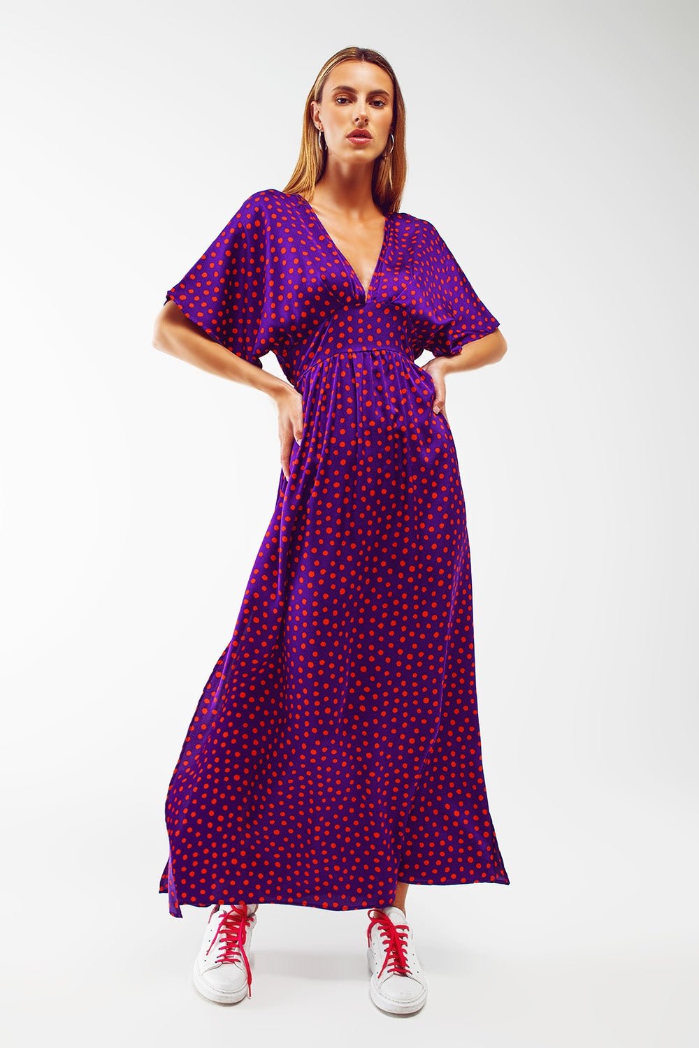 Maxi Cinched at the Waist Dress With Angel Sleeves in Purple Polka Dot - Mack & Harvie