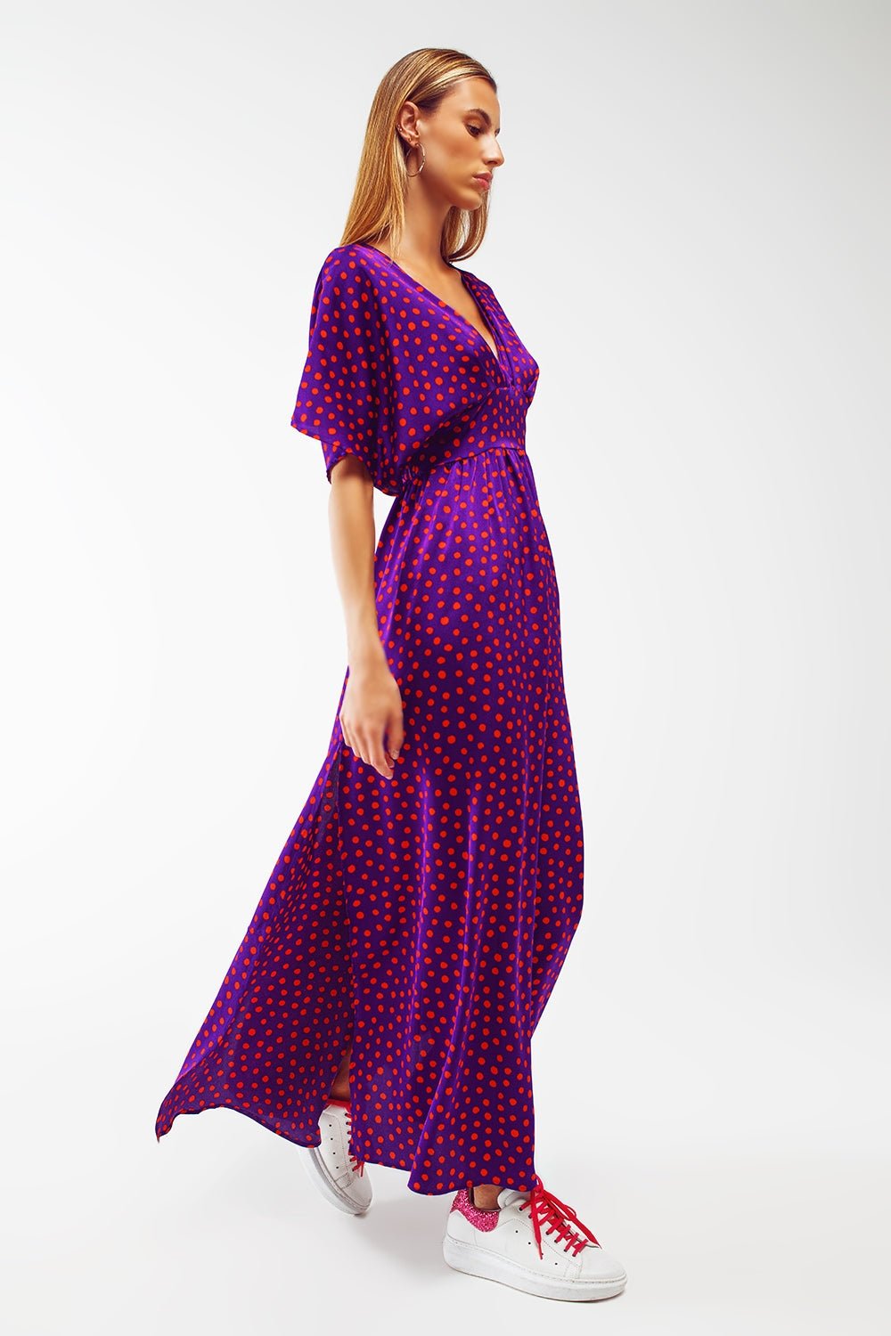 Maxi Cinched at the Waist Dress With Angel Sleeves in Purple Polka Dot - Mack & Harvie