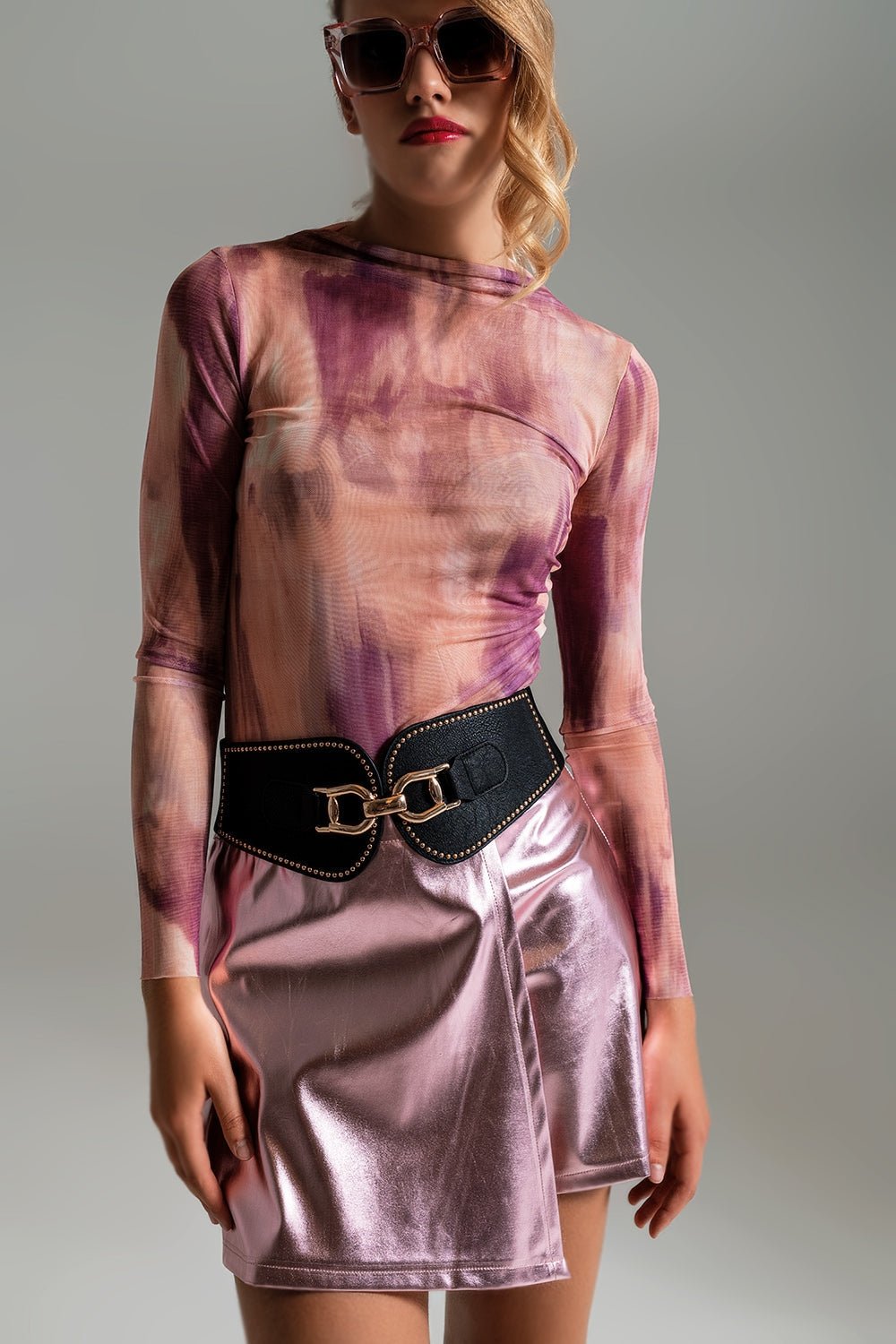 Mesh Top Rouched at the Side in Abstract Pink Print - Mack & Harvie