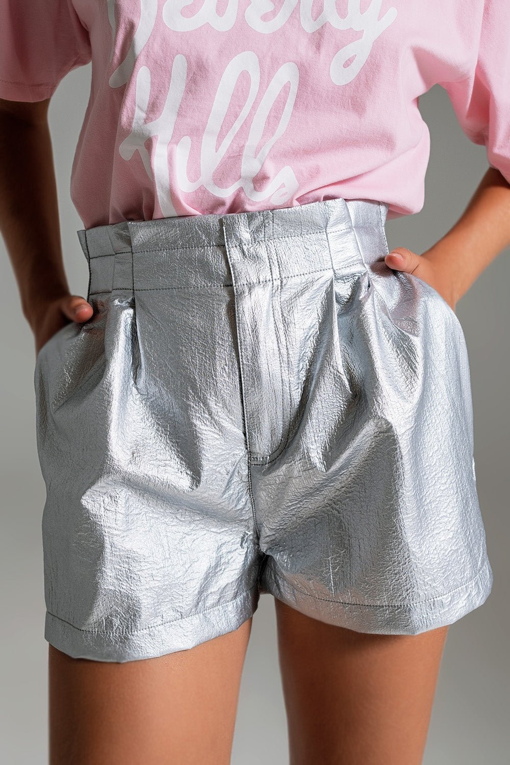 Metallic Shorts With Front Dart in Silver - Mack & Harvie
