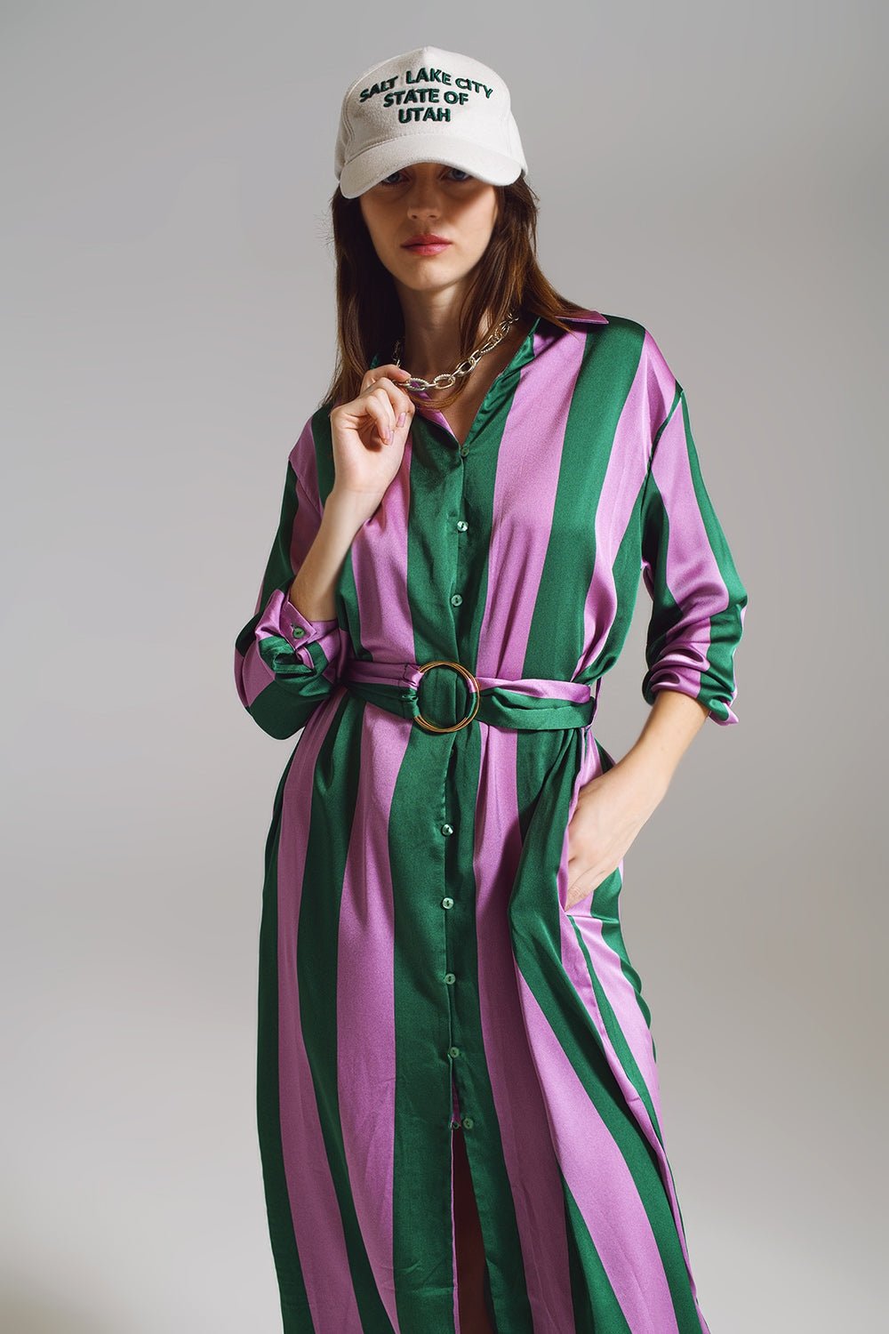 Midi Belted Shirt Dress in Lilac and Green Stripe - Mack & Harvie