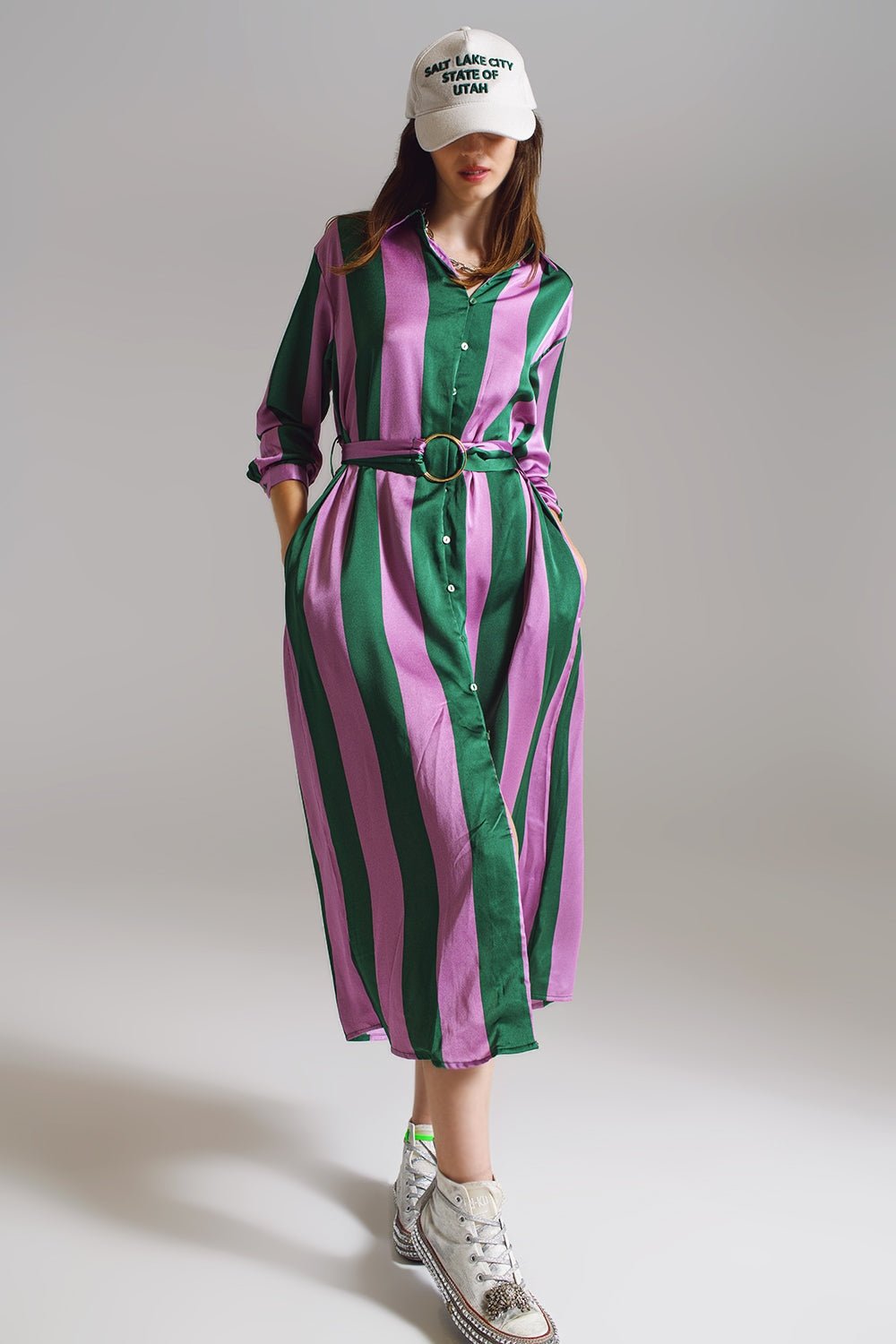 Midi Belted Shirt Dress in Lilac and Green Stripe - Mack & Harvie