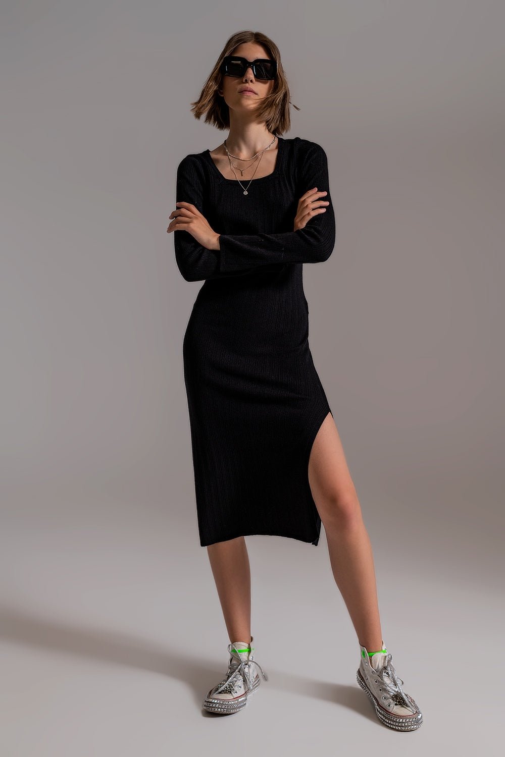 Midi Knit Dress With Square Neckline in Black - Mack & Harvie