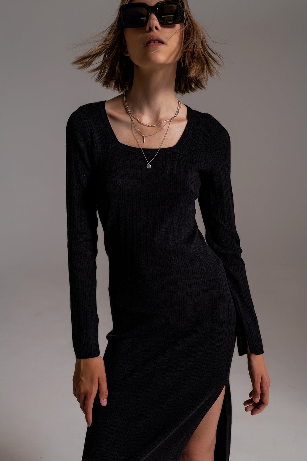 Midi Knit Dress With Square Neckline in Black - Mack & Harvie