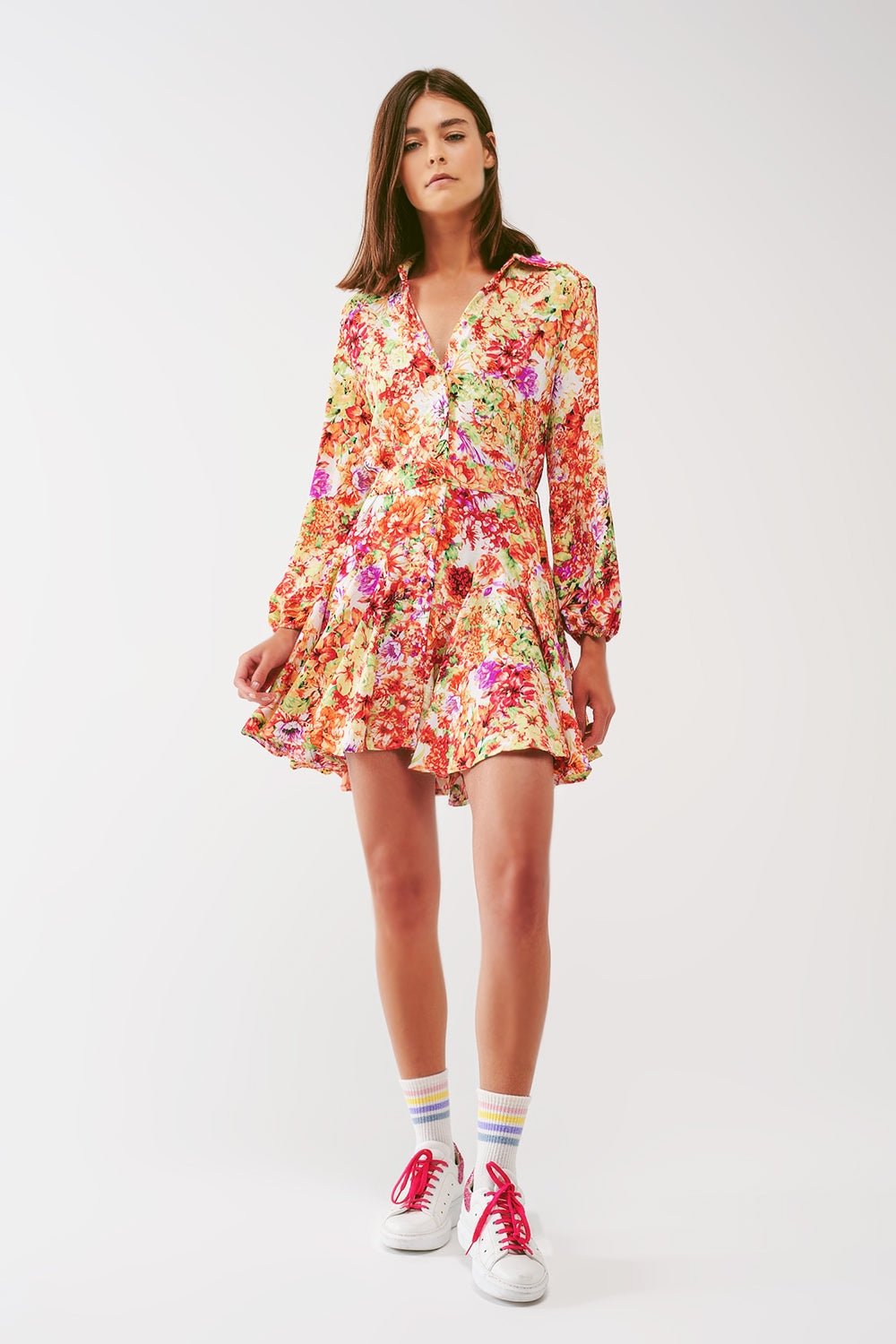Mini Dress With Ruffles in Multicolor Floral Print - Mack & Harvie