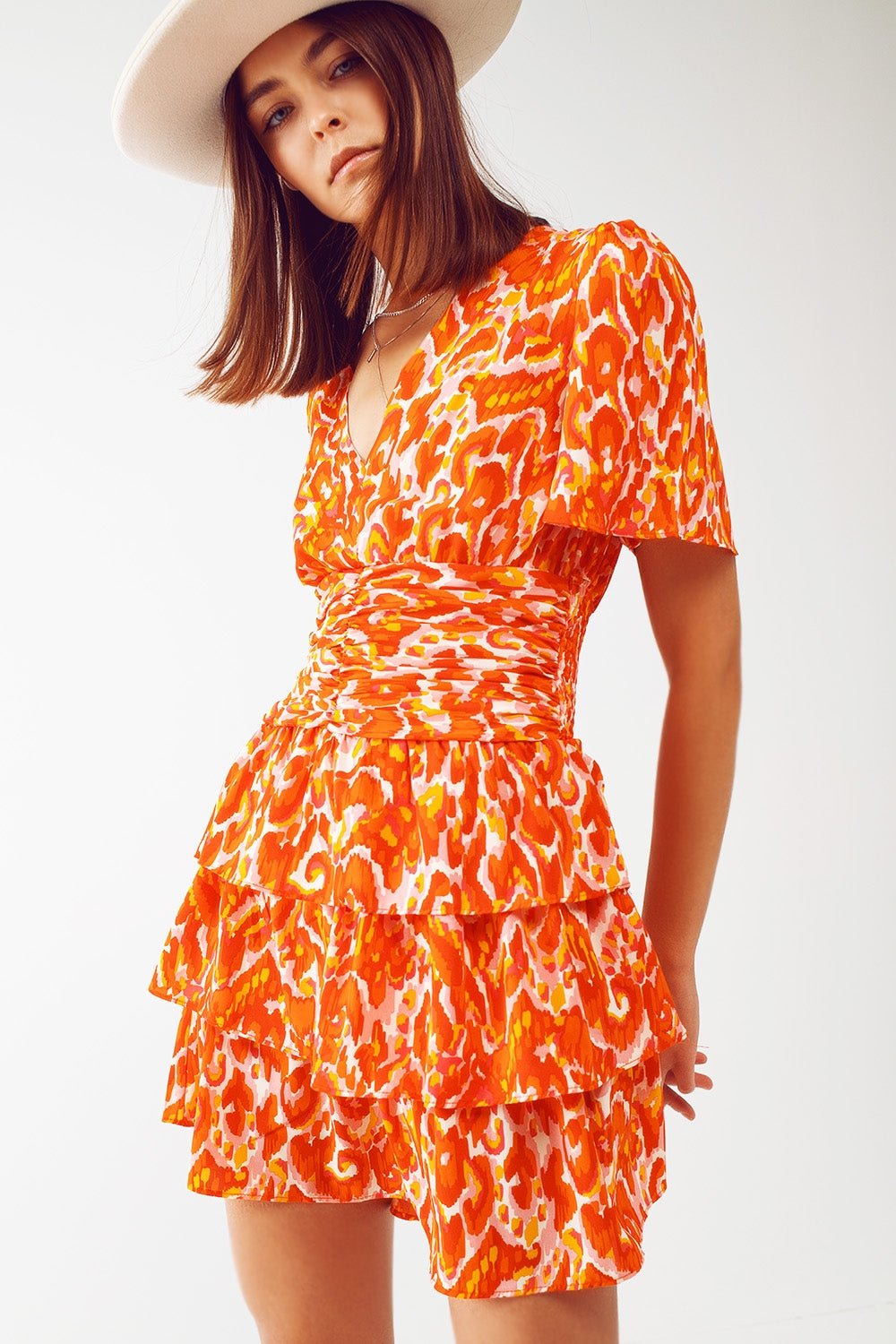 Mini v Neck Dress in Floral Orange Print - Mack & Harvie