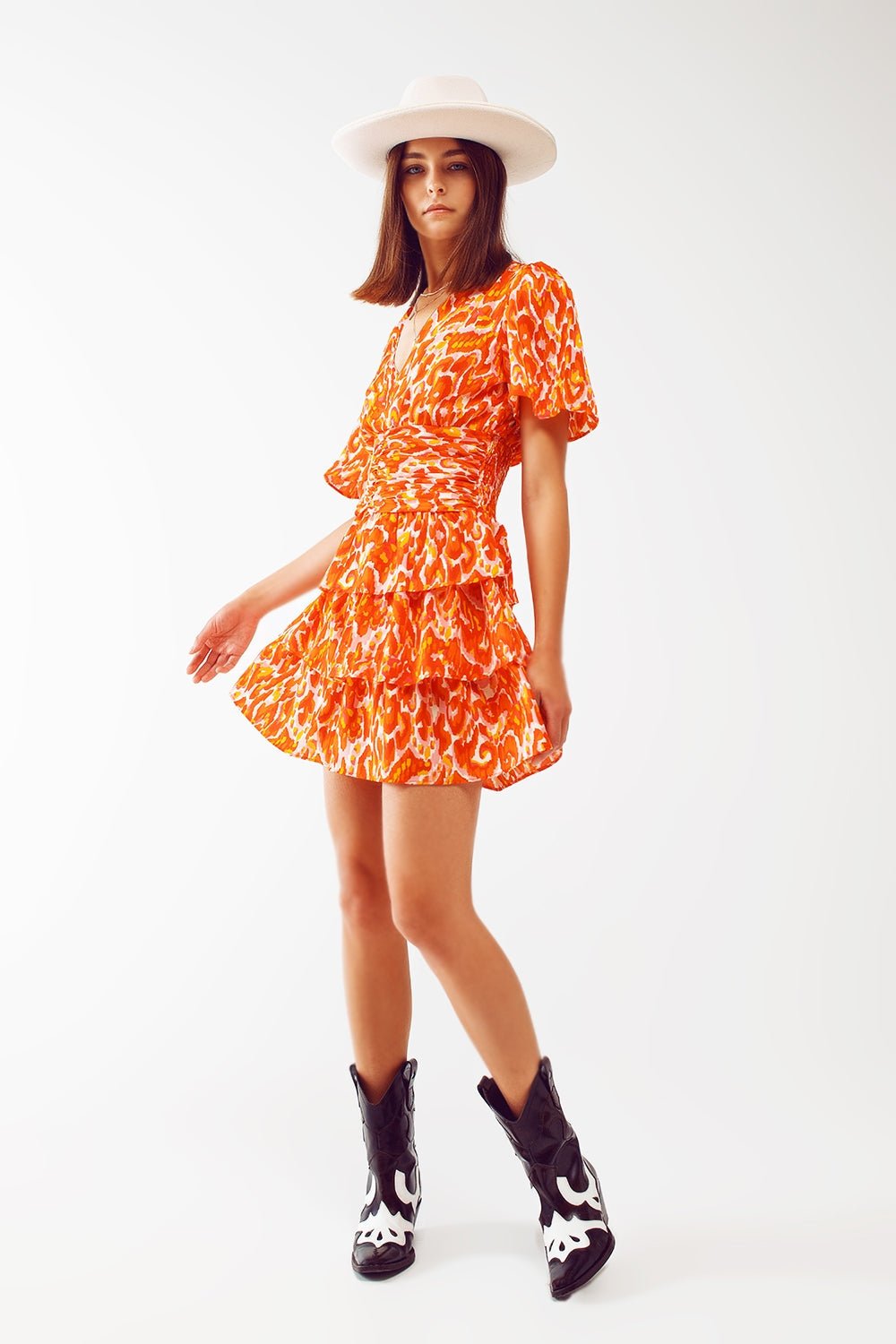 Mini v Neck Dress in Floral Orange Print - Mack & Harvie