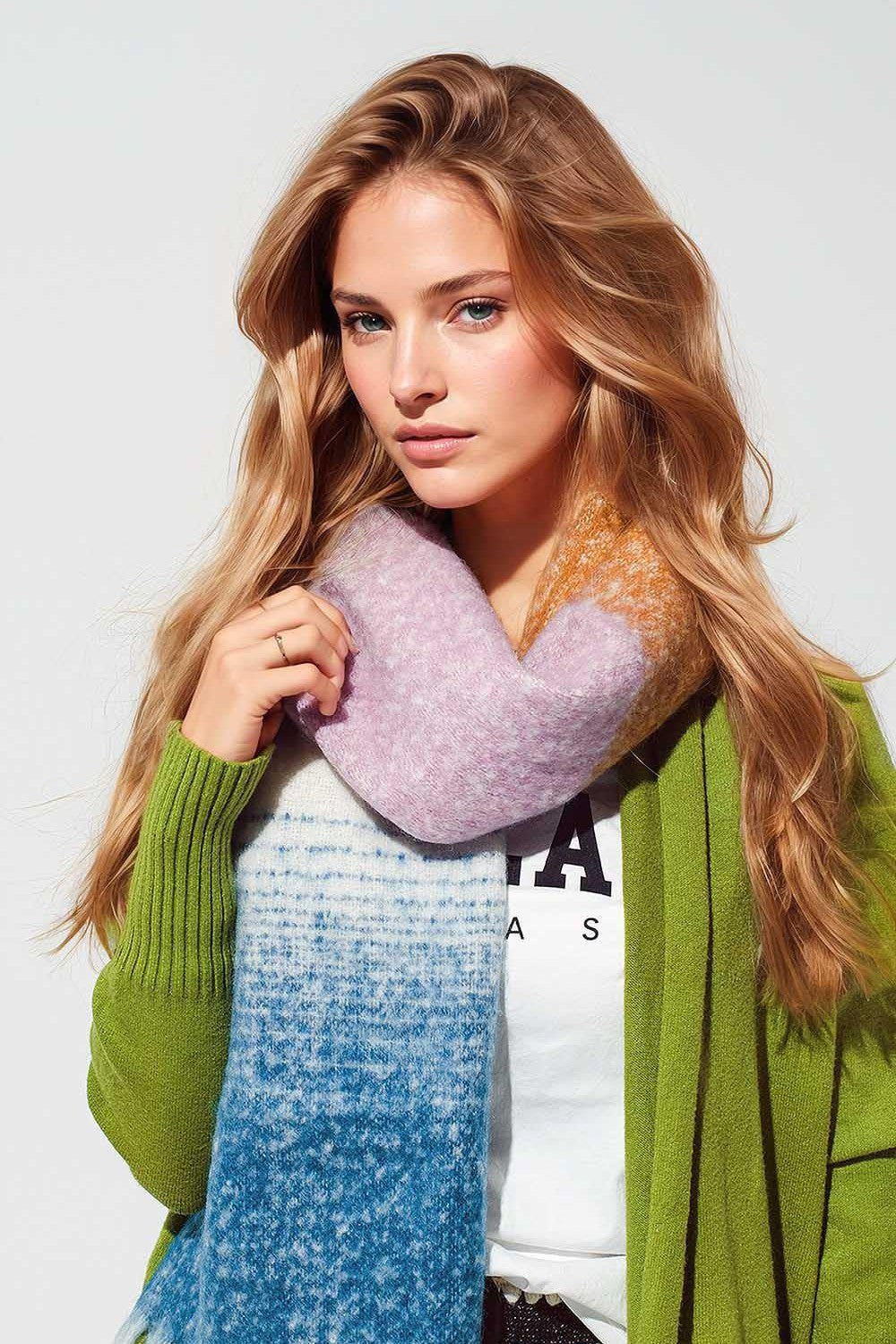 Multi Colored Chunky Knit Scarf in Multicolor Stripes Green and Blue - Mack & Harvie