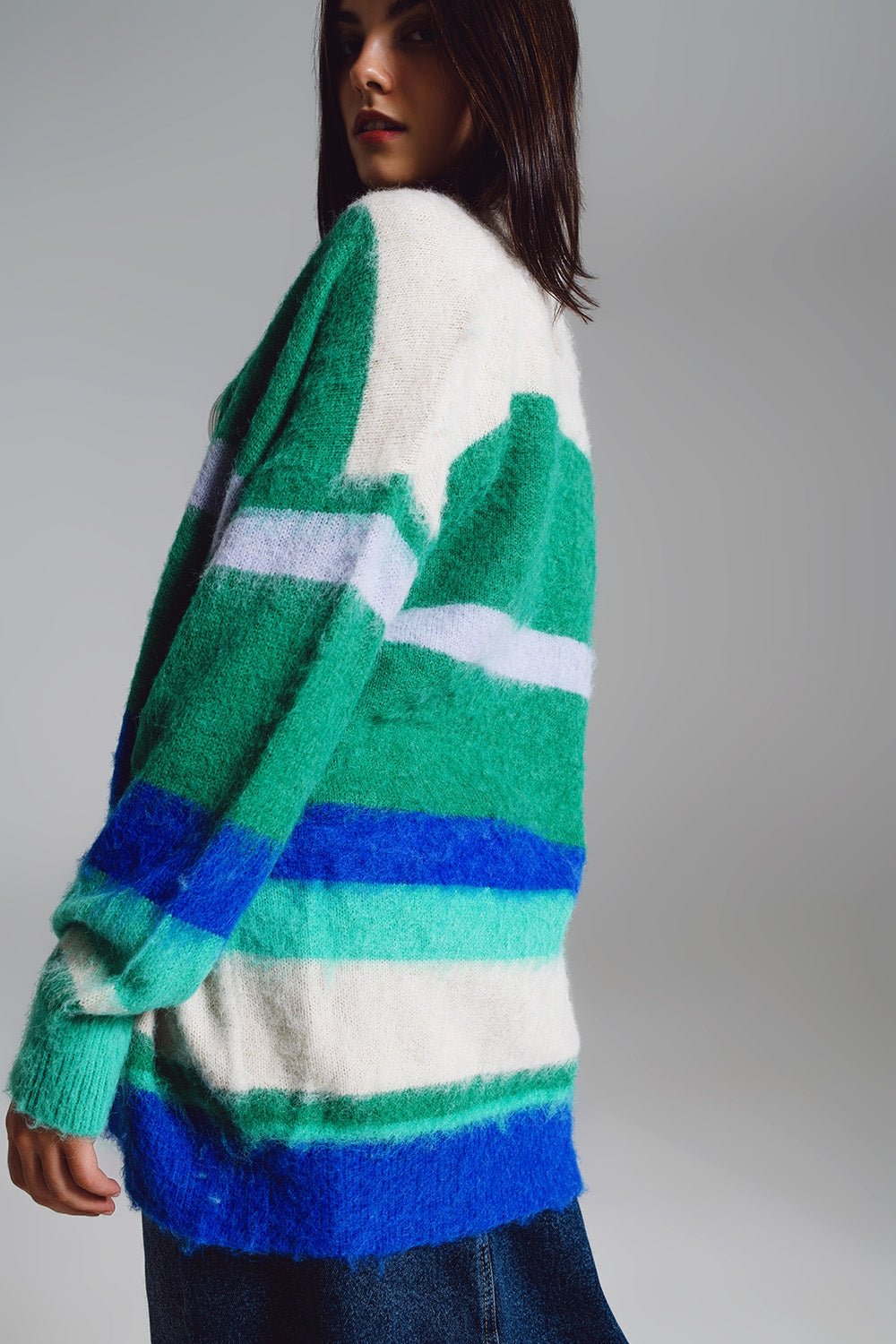 Multicolored Fluffy Long Cardigan in Blue and Green - Mack & Harvie