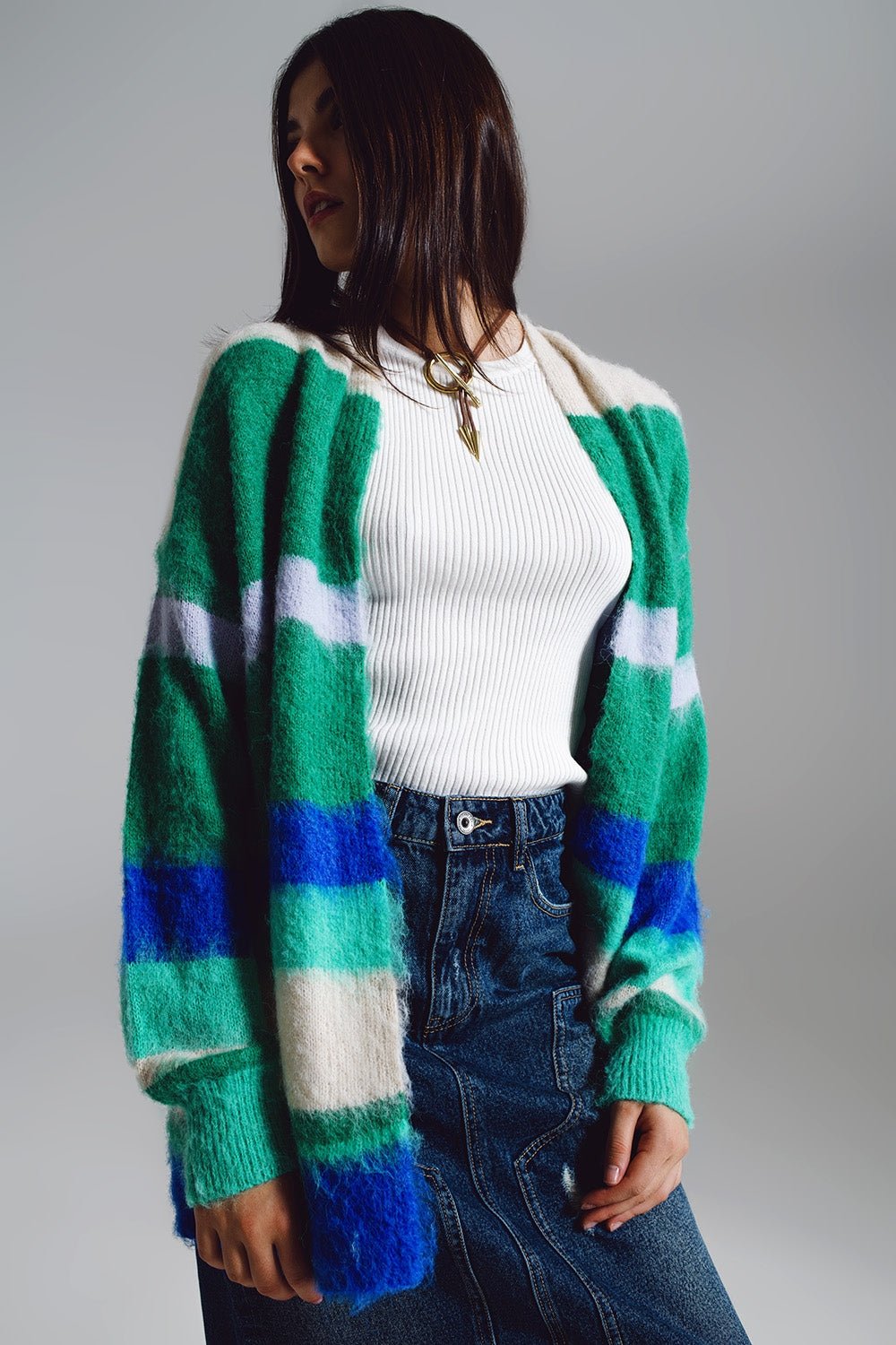Multicolored Fluffy Long Cardigan in Blue and Green - Mack & Harvie