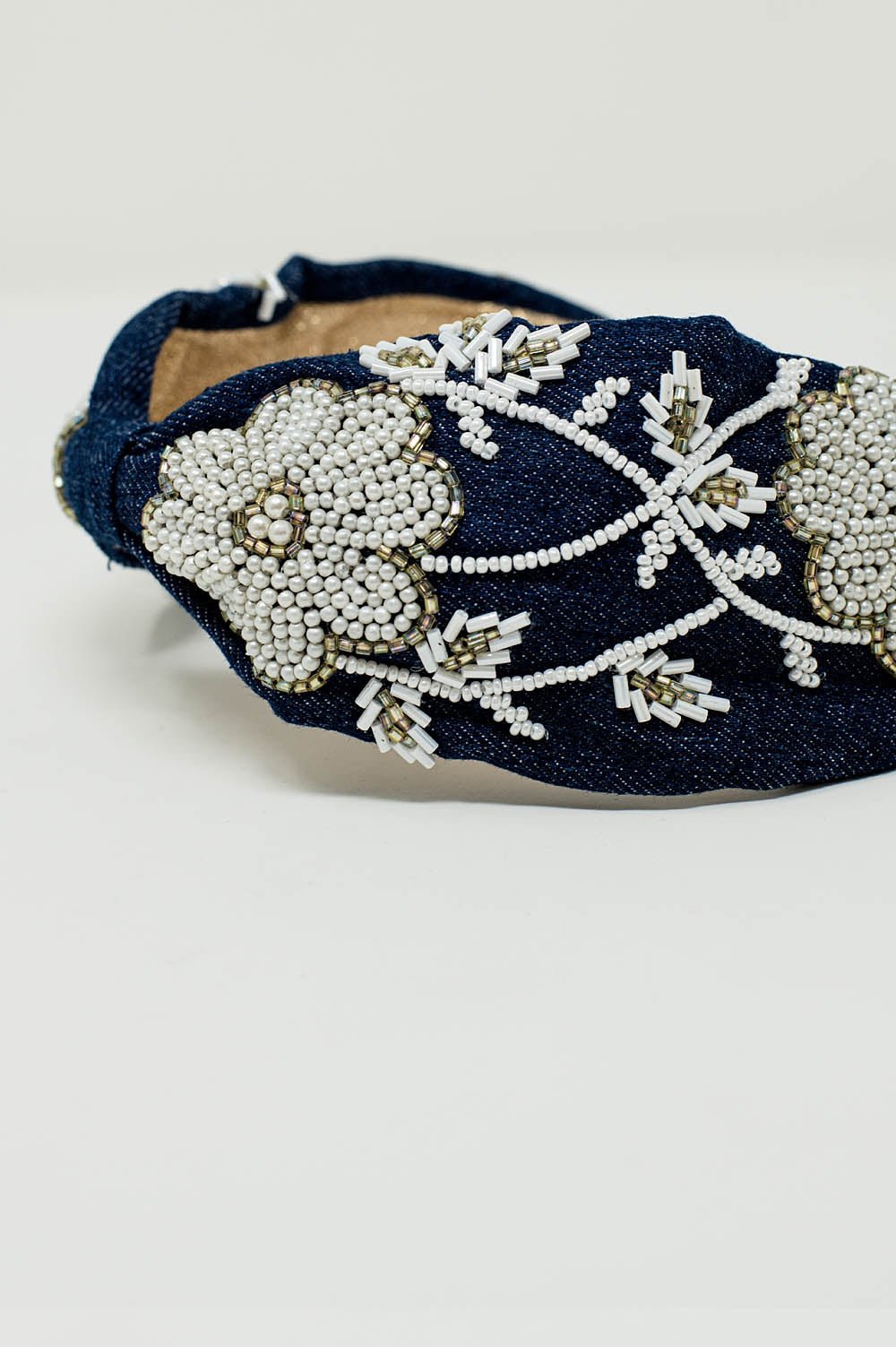 Navy Headband With Big Embroidered Flowers in White - Mack & Harvie