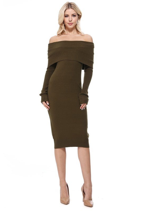 Off Shoulder Long Sleeve Slim Fit Midi Knit Dress - Mack & Harvie