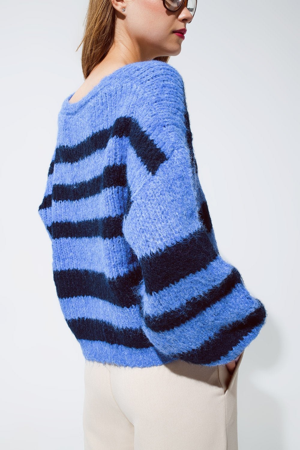 Oversized Blue Stripy Fluffy Sweater With Balloon Sleeves - Mack & Harvie