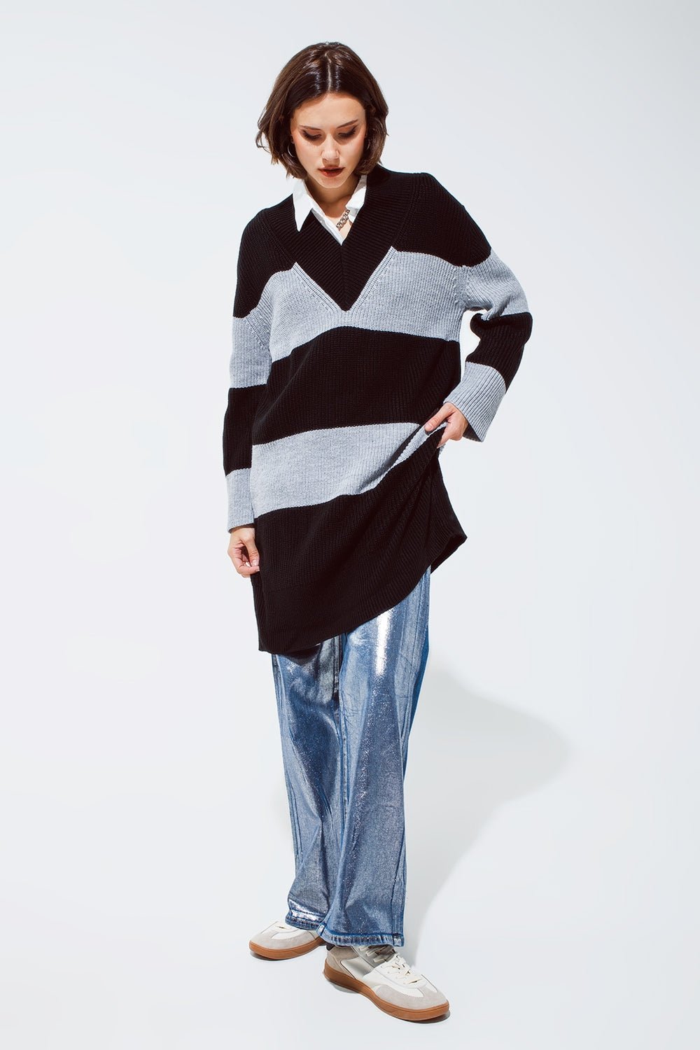 Oversized MIDI Knitted Dress With Stripes and a Wide v Neck - Mack & Harvie