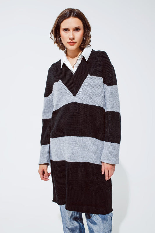 Oversized MIDI Knitted Dress With Stripes and a Wide v Neck - Mack & Harvie