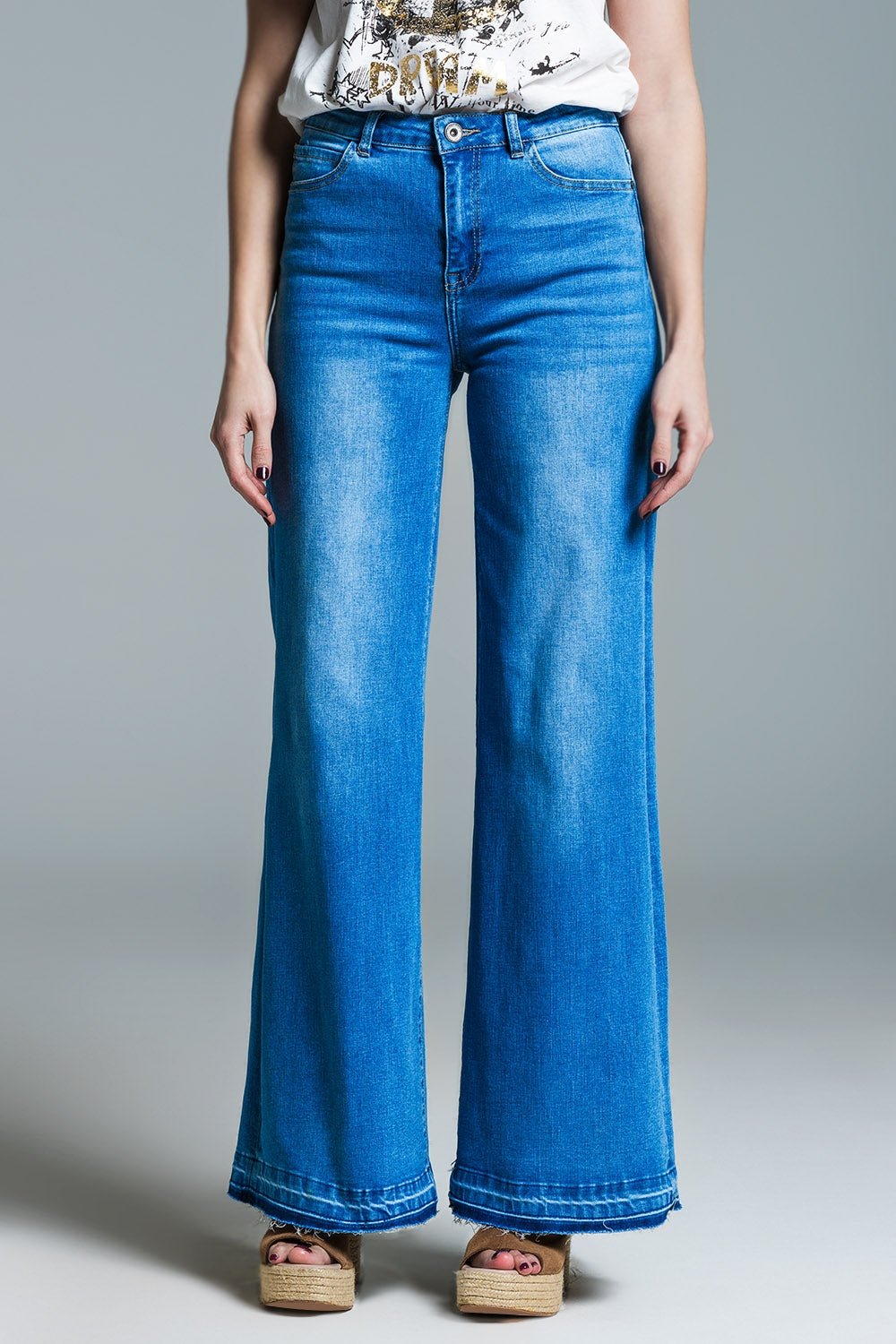 Palazzo Style Jeans in Mid Wash With Double Stitching Detail at the Hem - Mack & Harvie