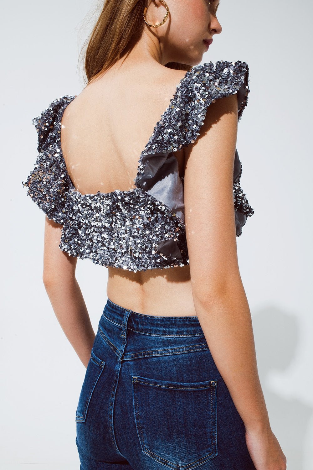 Party Cropped Sequin Glitter Top in Silver - Mack & Harvie