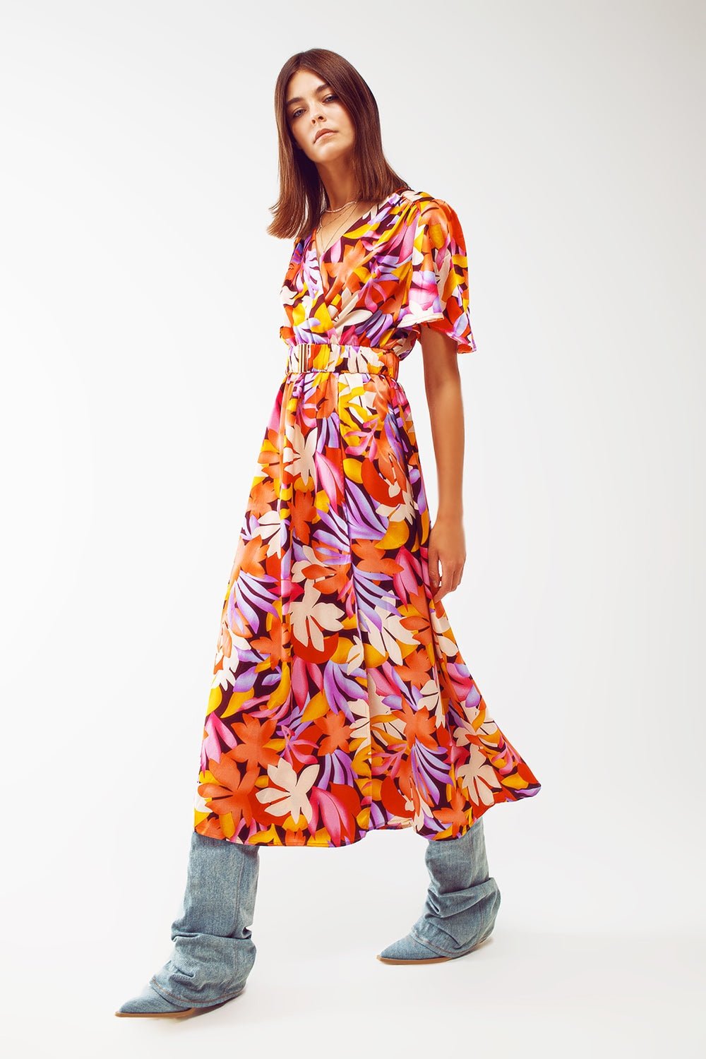 Pleated Maxi v Neck Dress in Multicolour - Mack & Harvie