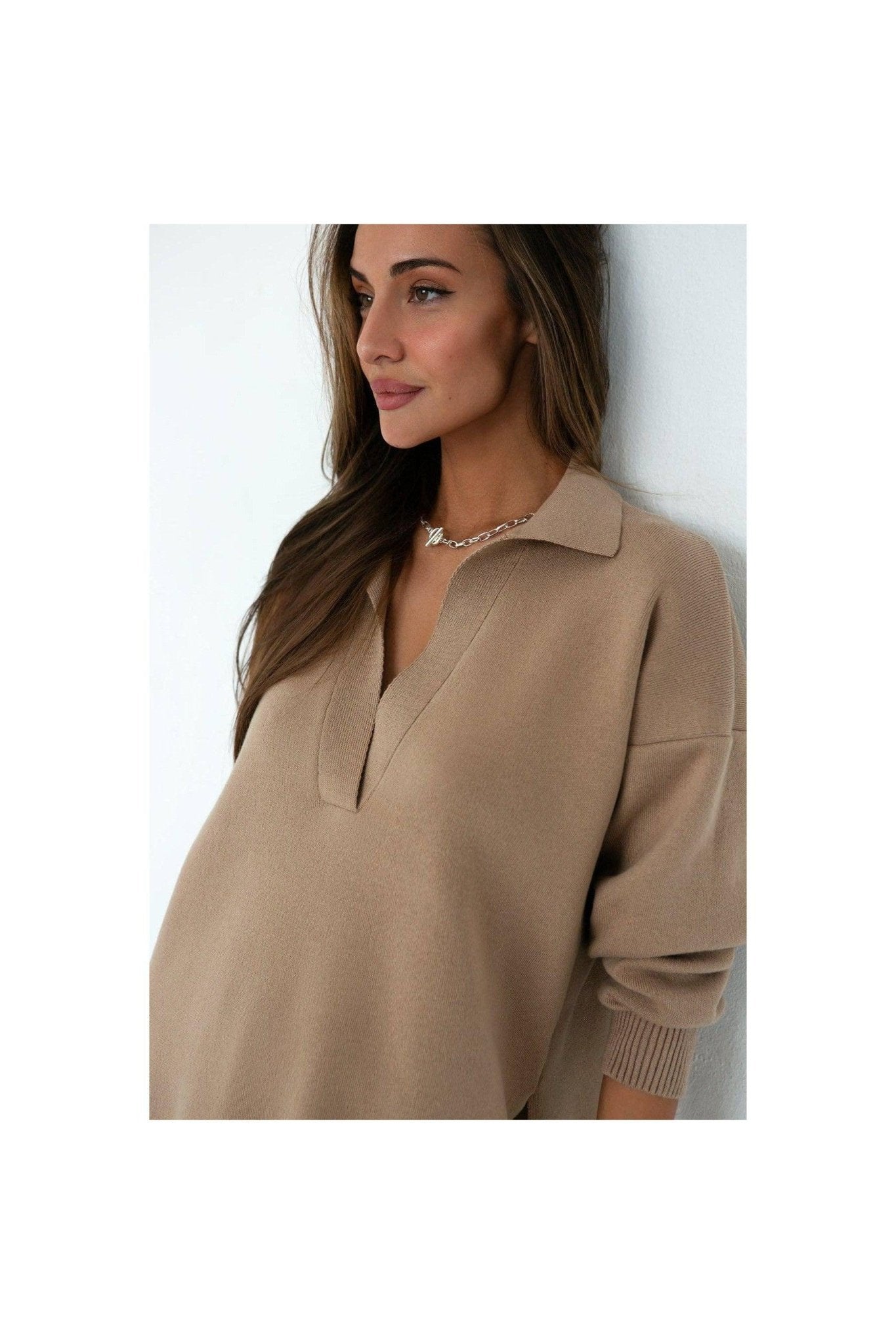 Pollo Collar Detail Oversized Jumper in Caramel - Mack & Harvie