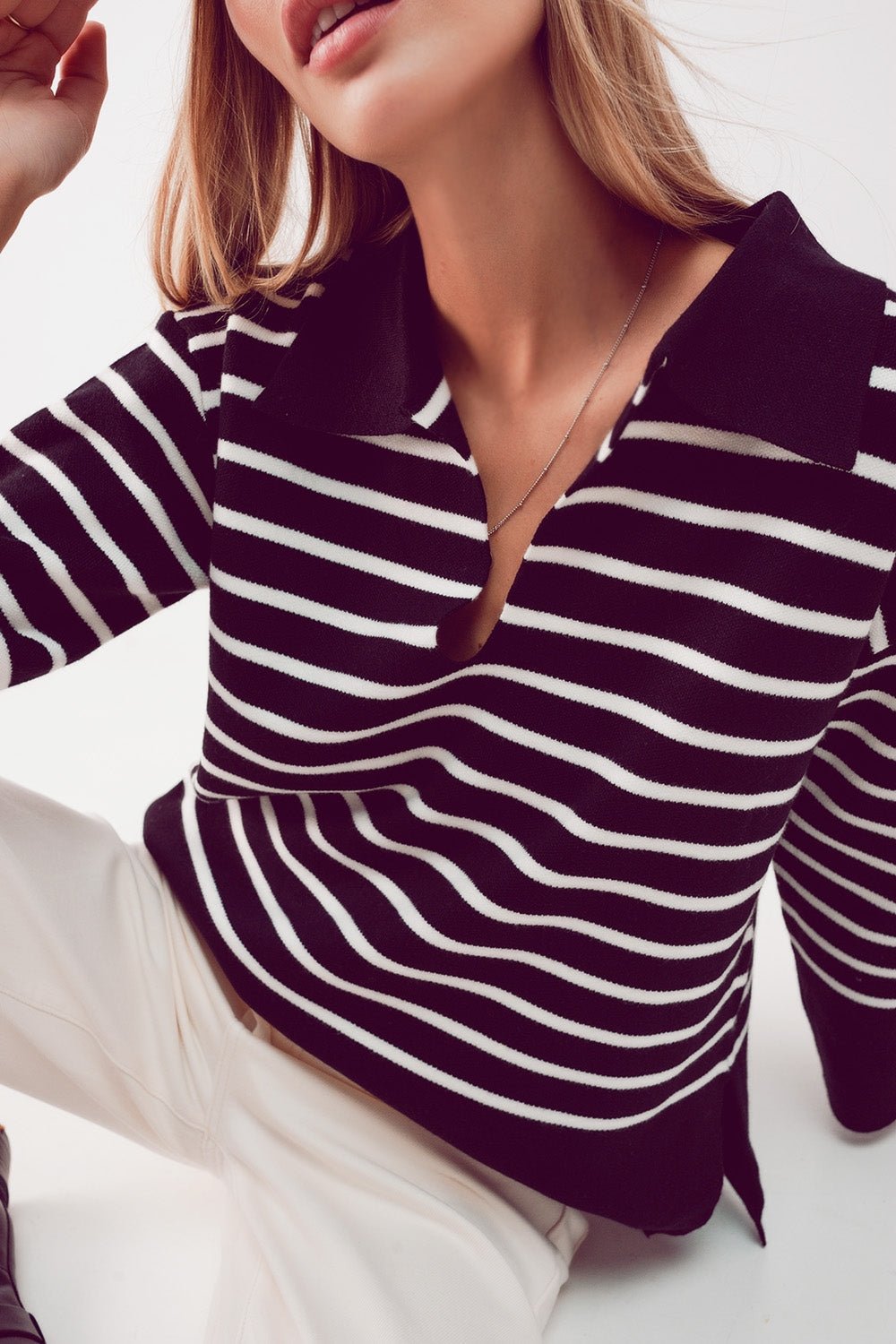Polo Neck Sweater in Black Stripe - Mack & Harvie