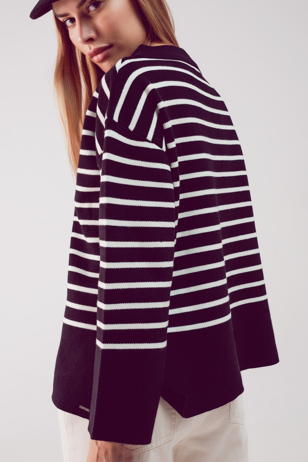 Polo Neck Sweater in Black Stripe - Mack & Harvie