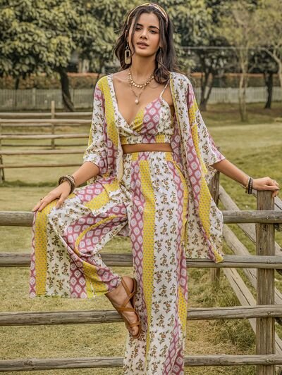 Printed Cami,Open Front Cover Up and Wide Leg Pants Set - Mack & Harvie