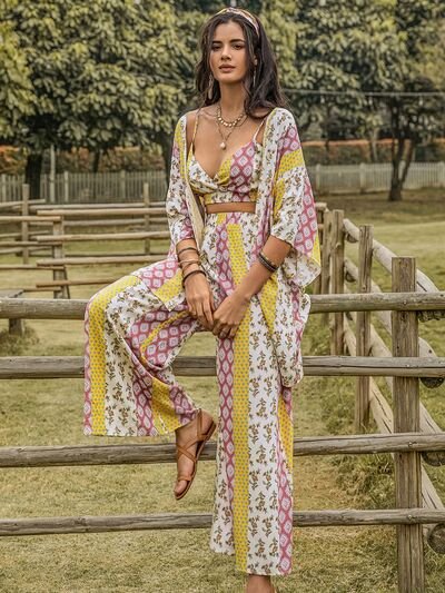 Printed Cami,Open Front Cover Up and Wide Leg Pants Set - Mack & Harvie