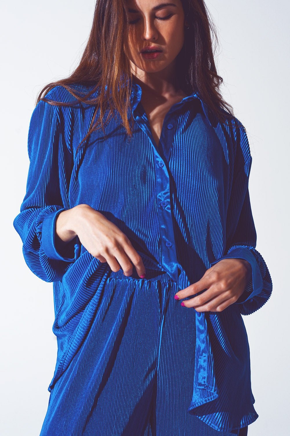 Relaxed Pleated Satin Shirt in Blue - Mack & Harvie