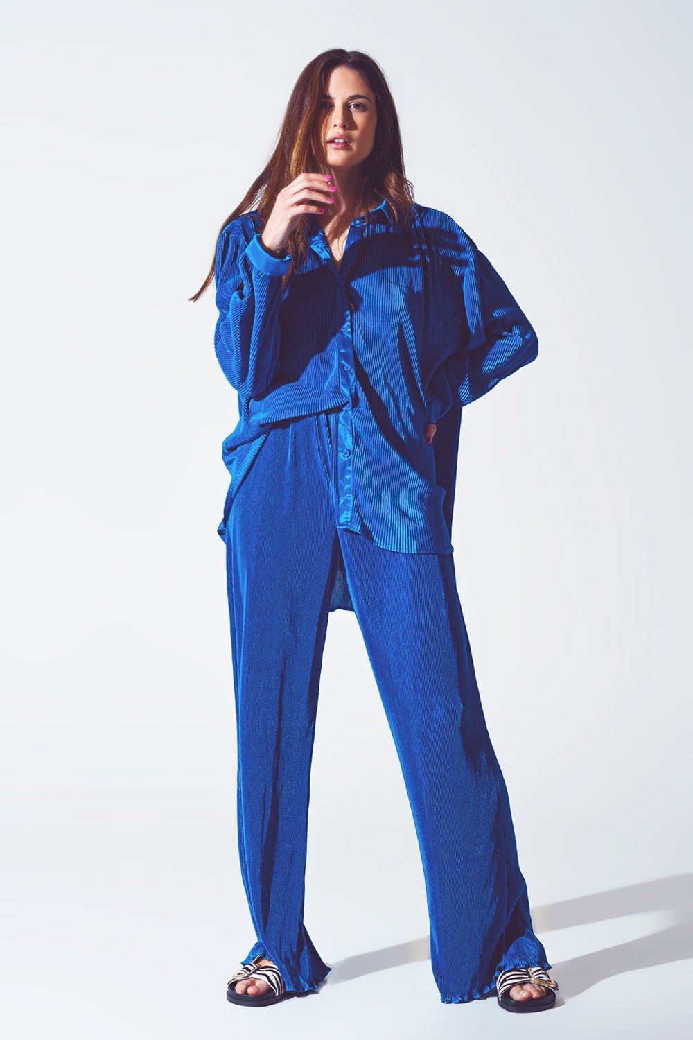 Relaxed Pleated Satin Shirt in Blue - Mack & Harvie
