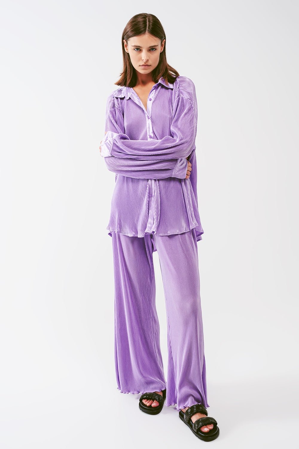 Relaxed Pleated Satin Shirt in Lilac - Mack & Harvie