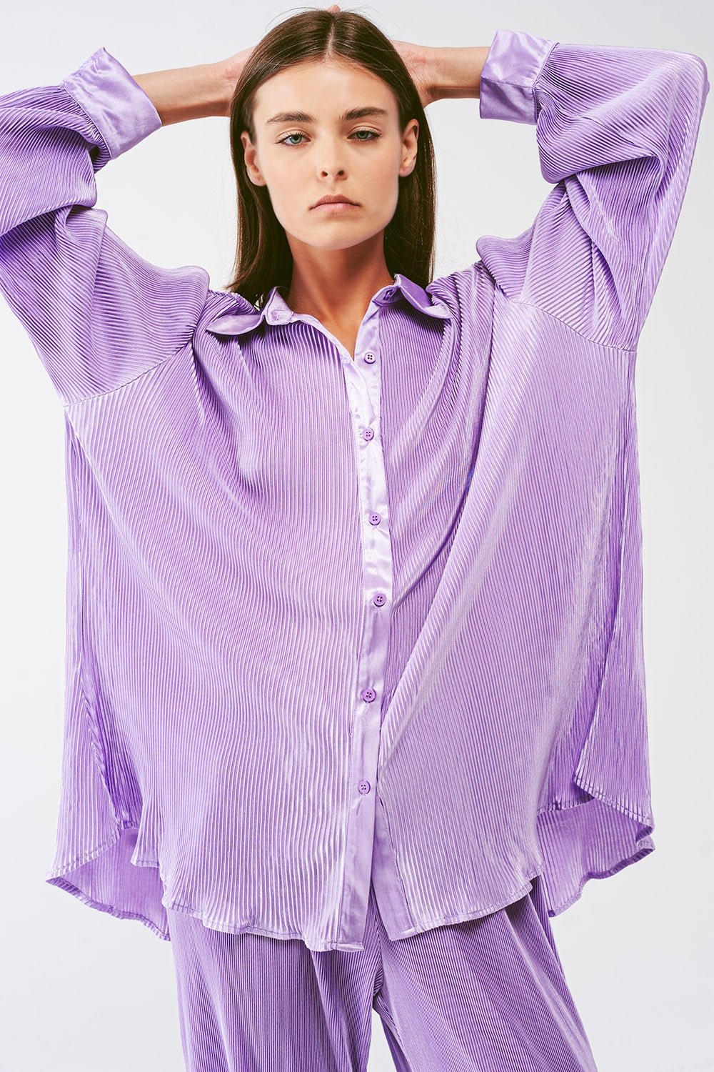 Relaxed Pleated Satin Shirt in Lilac - Mack & Harvie