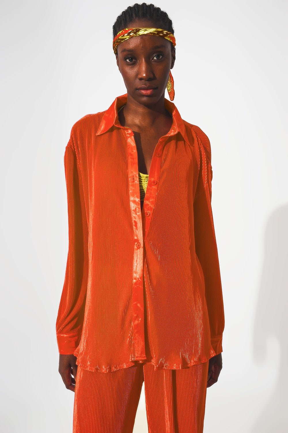Relaxed Pleated Satin Shirt in Orange - Mack & Harvie